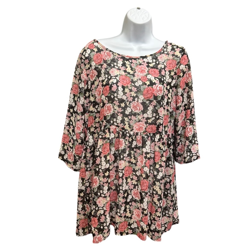 Forever 21 Pink Floral Rose Lightweight Babydoll Blouse Top Size M